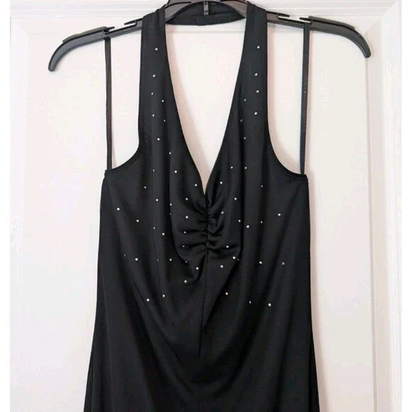 Vintage 90s Y2K Black Halter Rhinestone V-Neck Ruched Formal Dress Size 4/6?